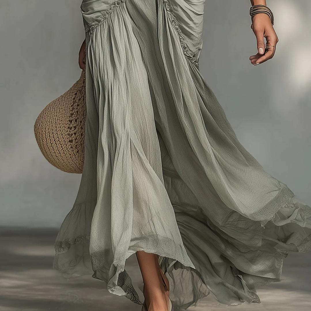 Riviera | Vestido Largo Gris con Detalles de Gasa