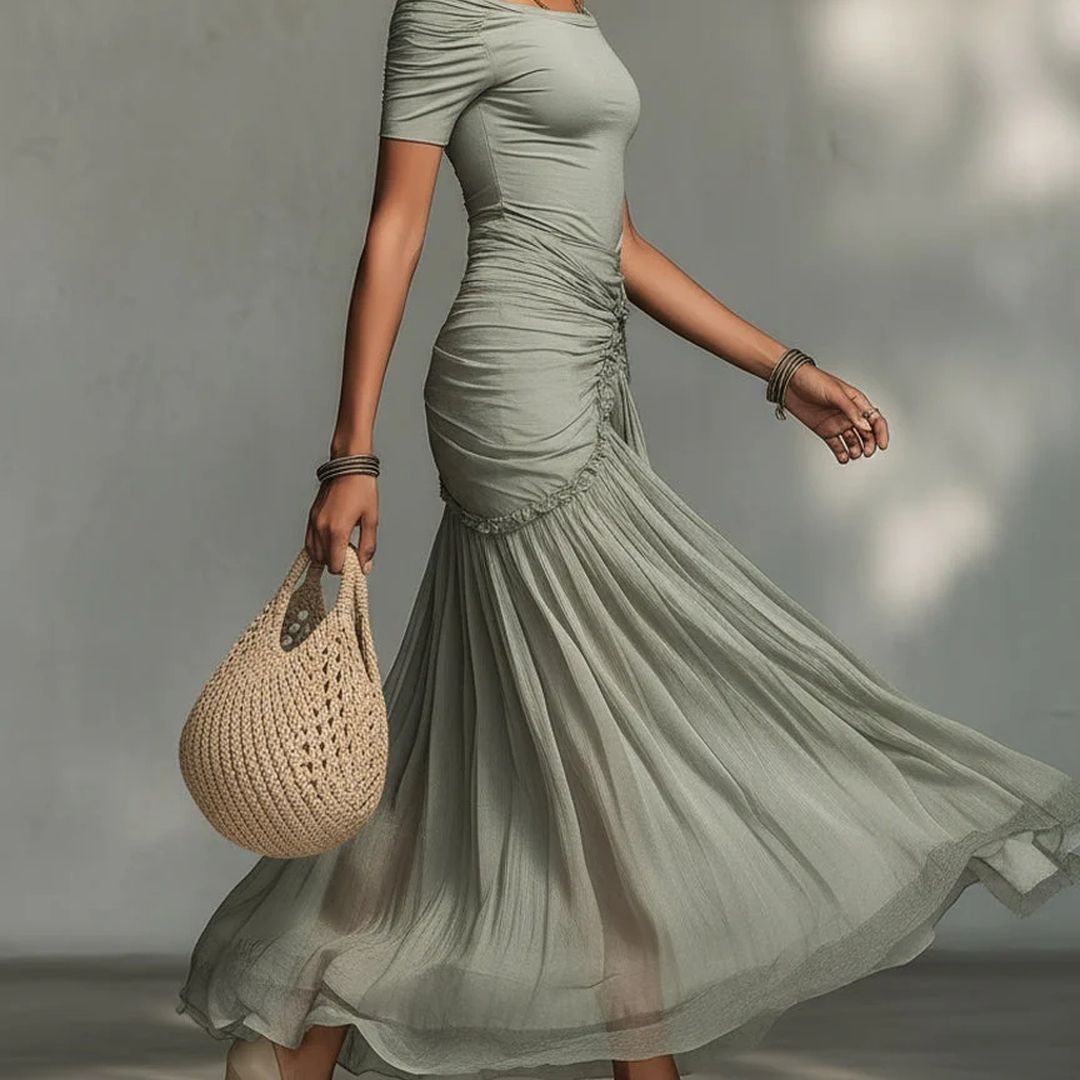 Riviera | Vestido Largo Gris con Detalles de Gasa