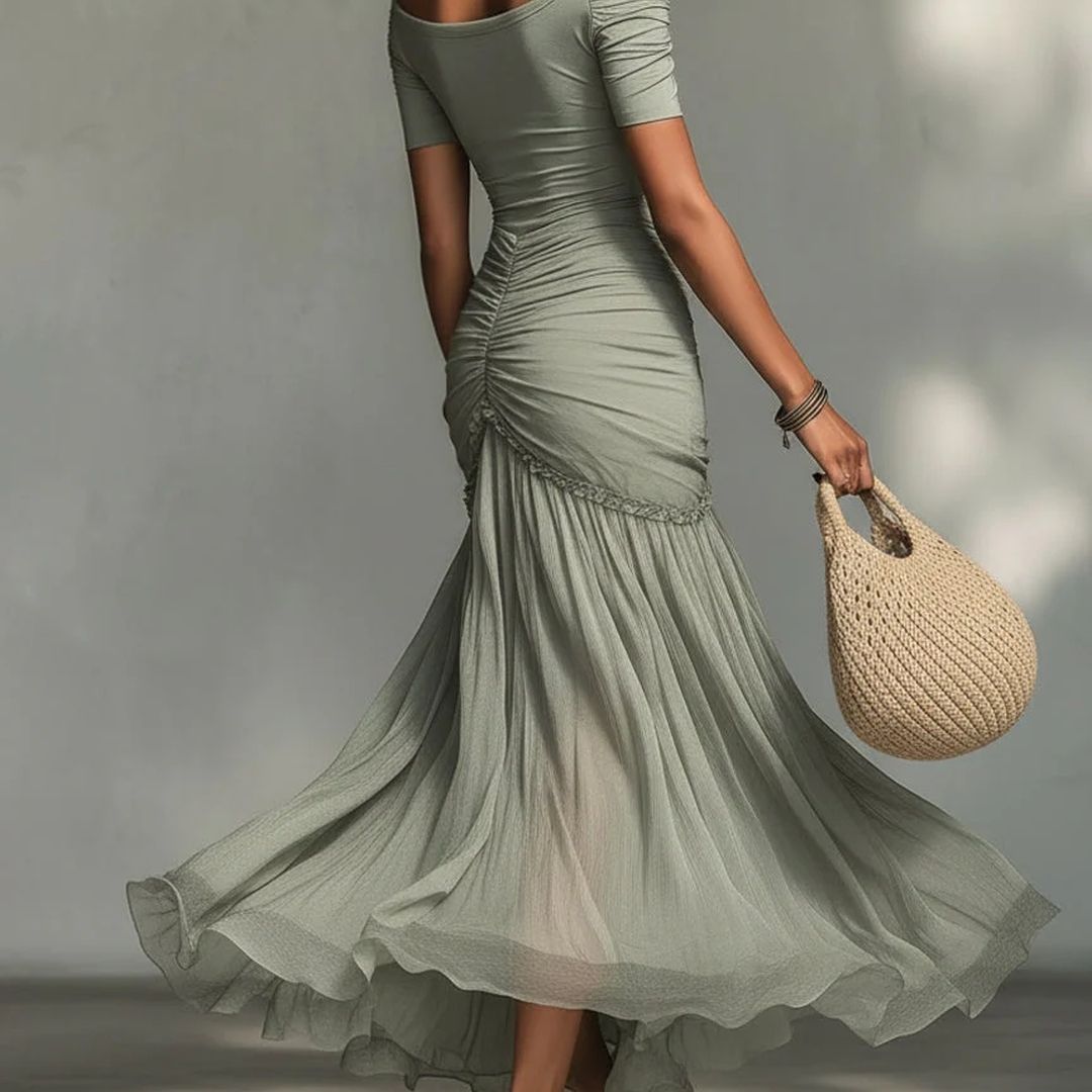 Riviera | Vestido Largo Gris con Detalles de Gasa