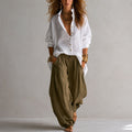 Riviera| Conjunto con Blusa Blanca y Pantalón Verde de Pierna Ancha