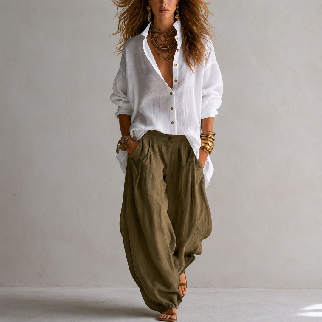 Riviera| Conjunto con Blusa Blanca y Pantalón Verde de Pierna Ancha