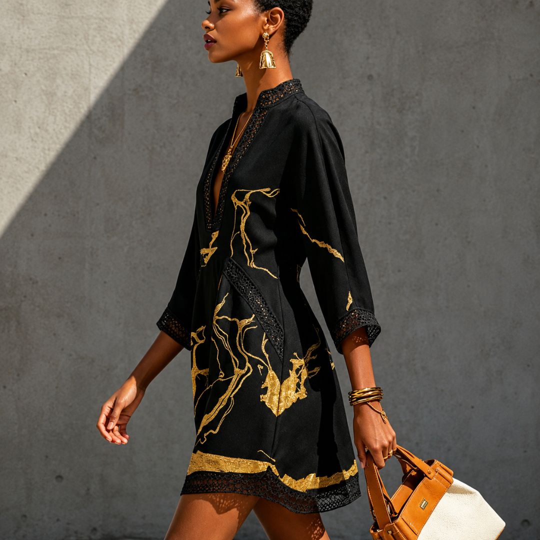 Riviera | Vestido Bohemio Negro con Detalles Dorados