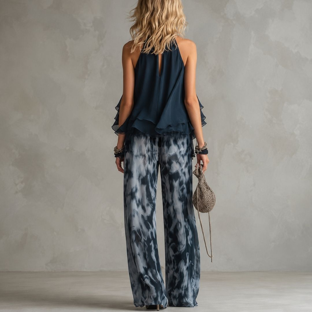 Riviera | Conjunto con Blusa y Pantalón Estampado de Pierna Ancha