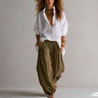 Riviera| Conjunto con Blusa Blanca y Pantalón Verde de Pierna Ancha